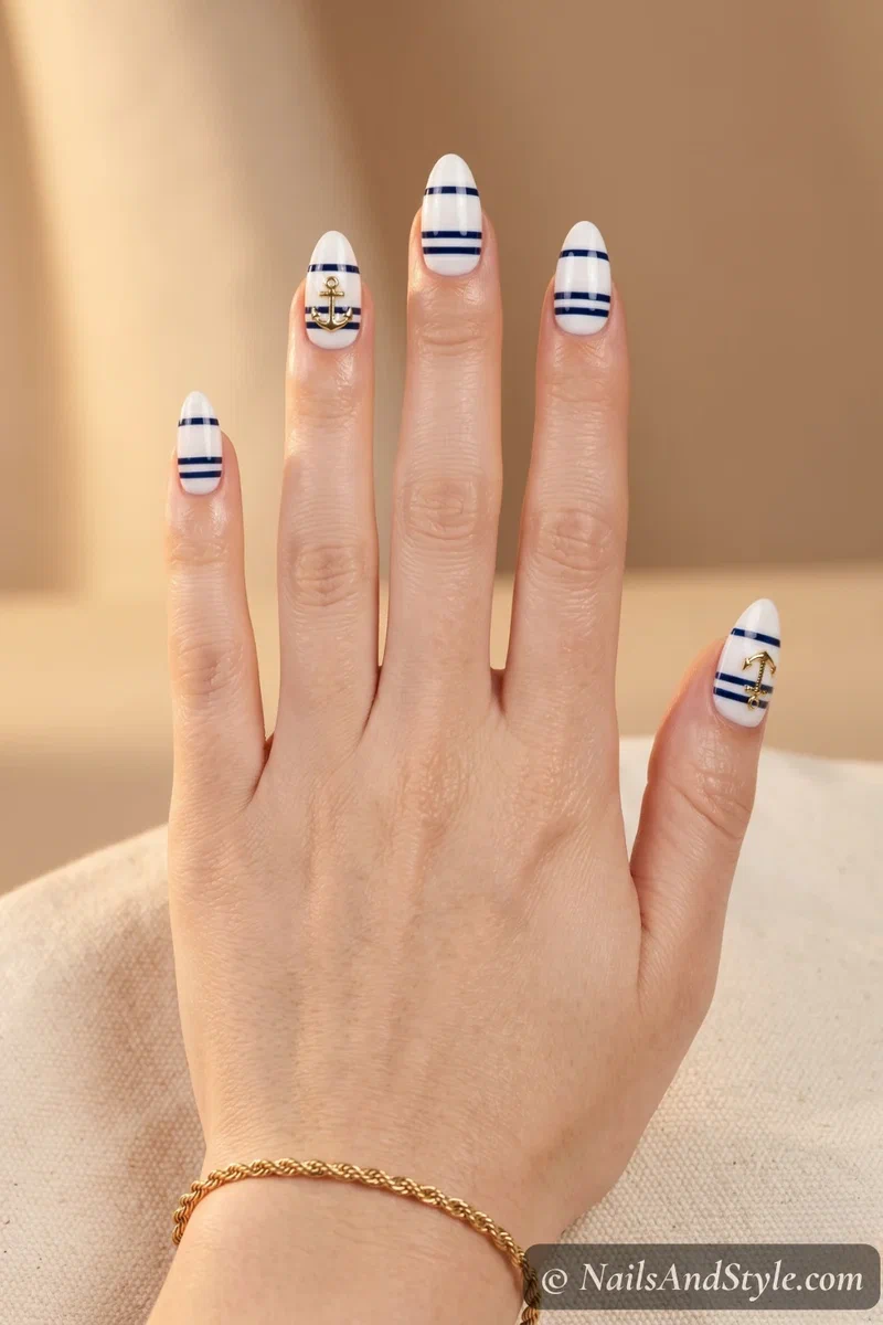 White nails with thin navy stripes and small gold anchors between the lines