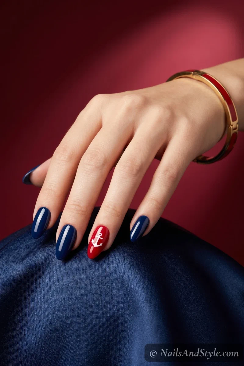 Navy nails with a bright red accent nail featuring a white anchor design