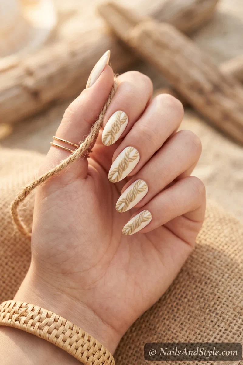 White nails with hand-painted gold rope twist pattern running vertically