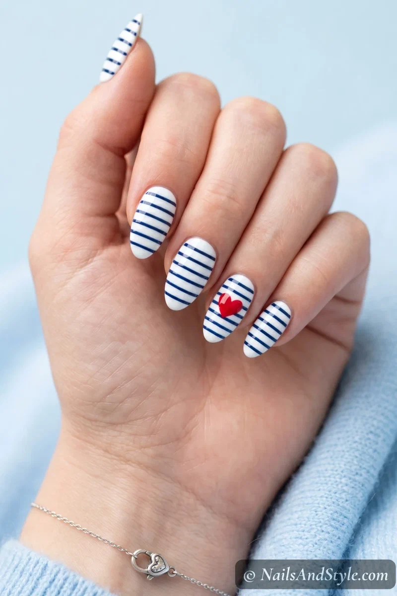White nails with navy stripes and a red heart overlay on the accent finger