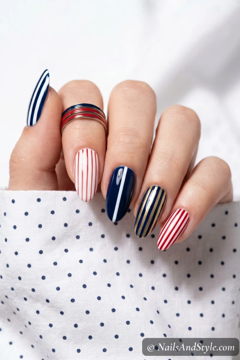 Mixed width vertical stripes in navy red and white across different nails