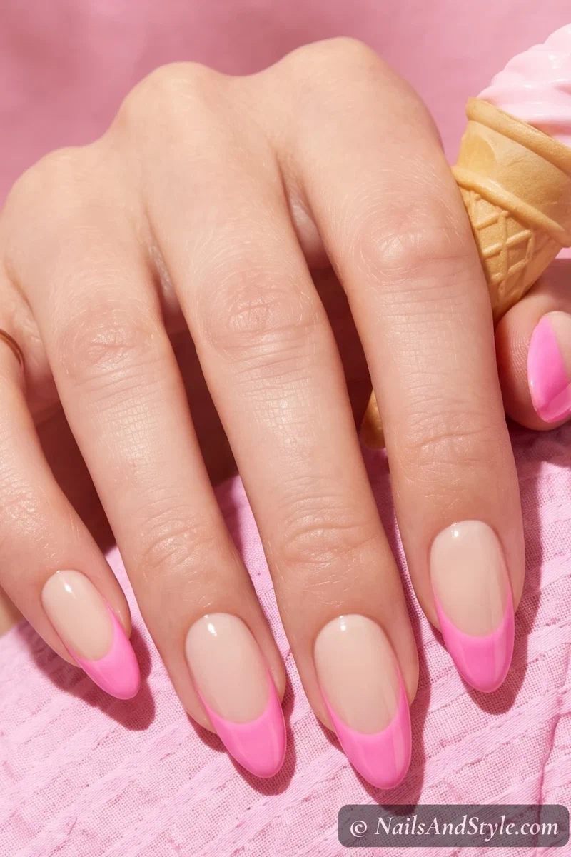 Wide bubblegum pink French tip nails