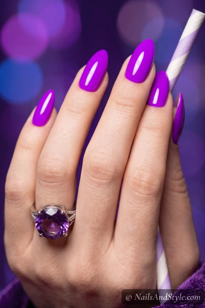 Bright neon purple solid color nails
