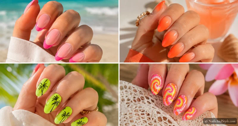 Collage of bright neon beach nail designs in hot pink, electric orange, and lime green