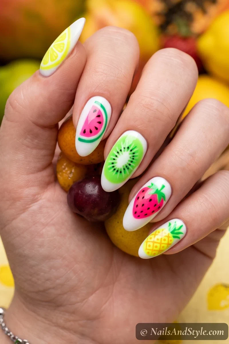 Different neon fruit designs on each nail