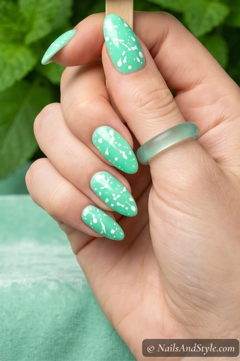 Mint neon nails with white splash droplets