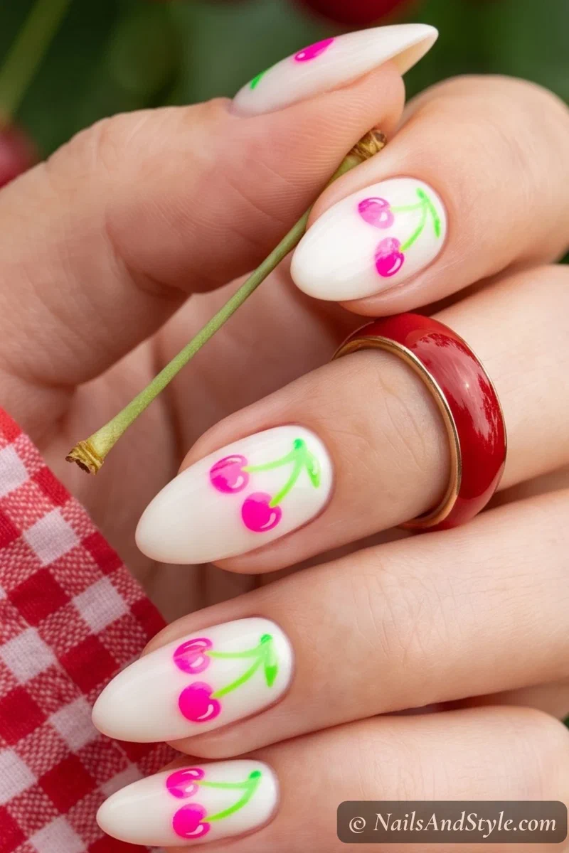 White nails with neon pink cherries and green stems
