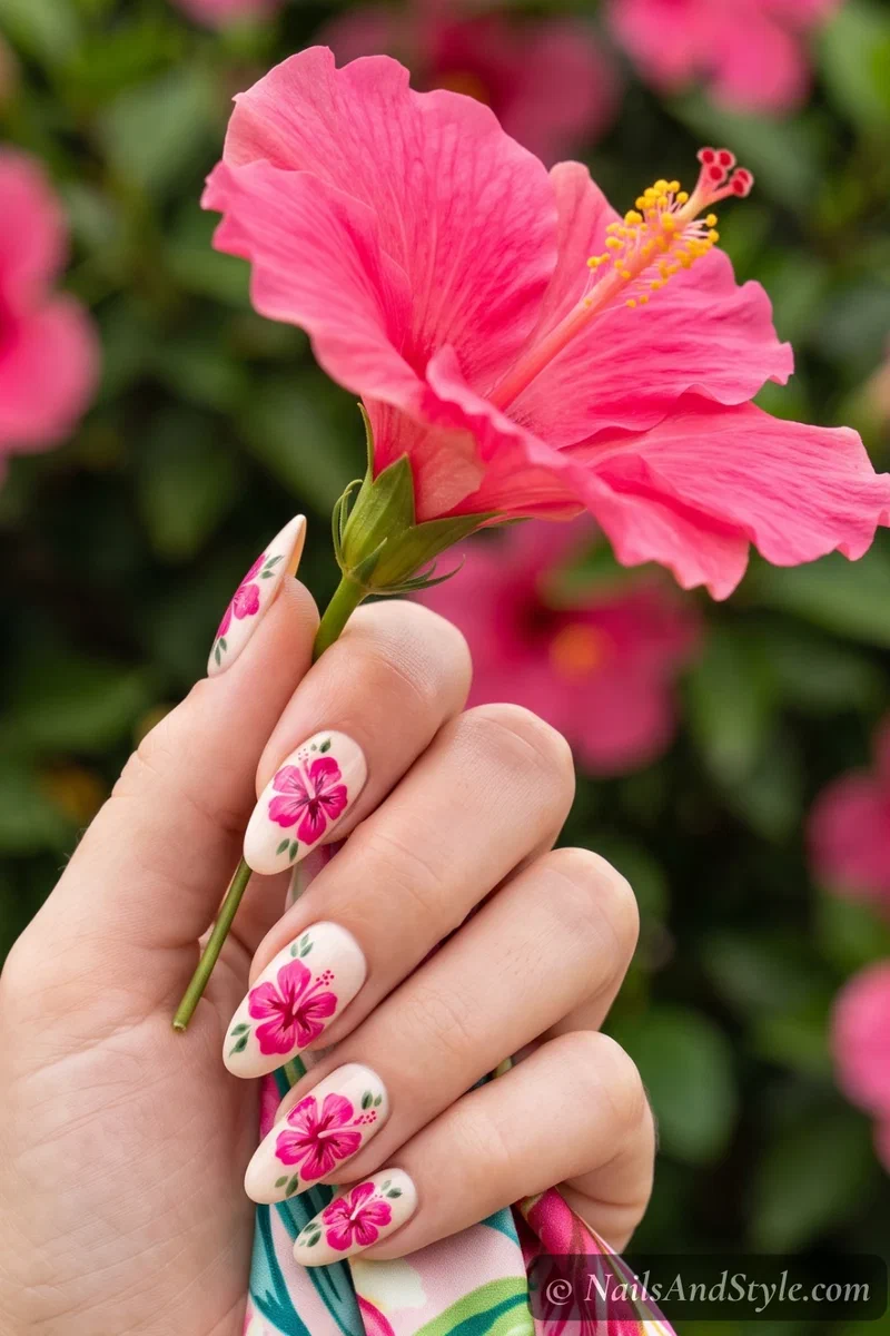 Neon pink hibiscus flowers on white nails