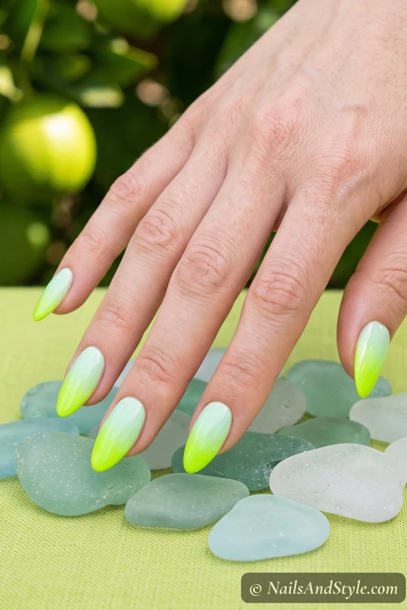 Pale to electric lime ombre nails