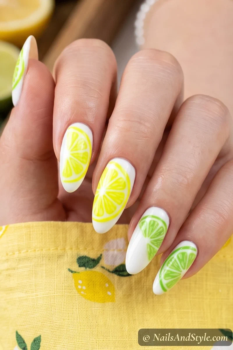 White nails with painted neon lemon and lime slices