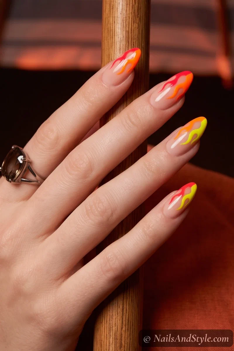 Neon red orange yellow flame tips on nude base