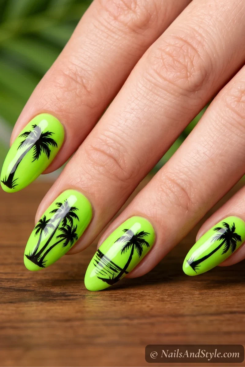Lime green nails with black palm tree silhouettes
