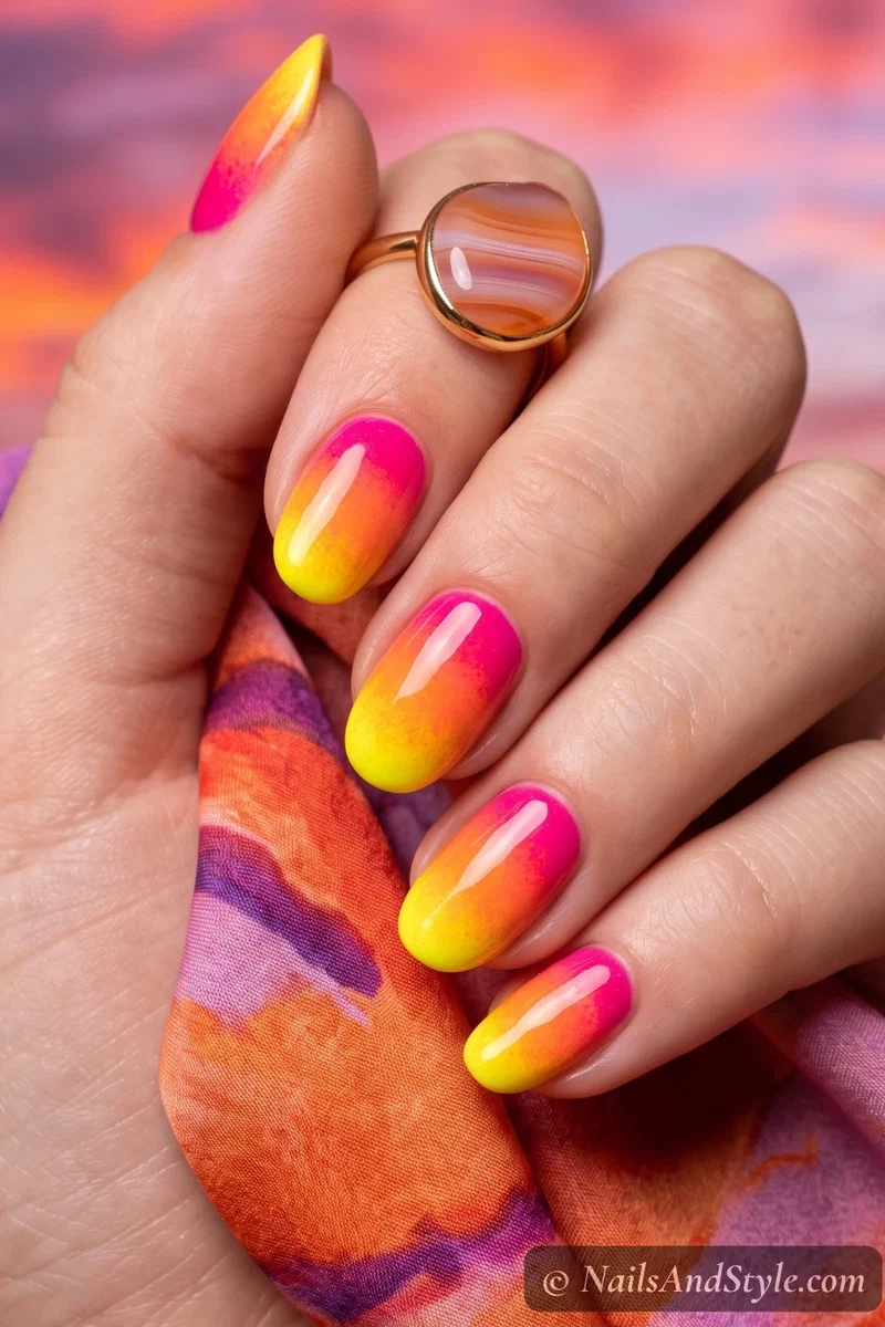 Pink orange yellow sunset gradient nails