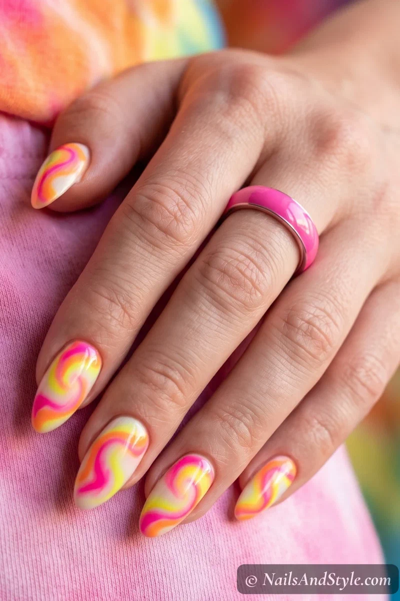 Neon pink yellow orange tie-dye swirl nails