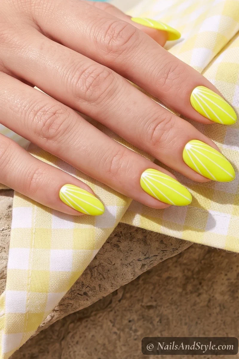Neon yellow nails with white sunburst rays