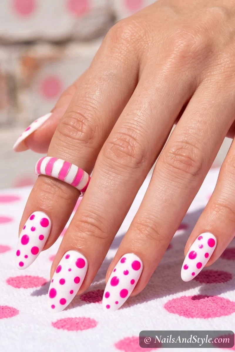 White nails with hot pink polka dots