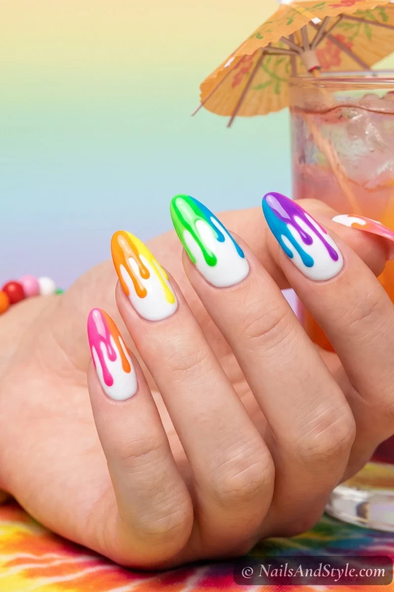 White nails with rainbow neon paint drip tips
