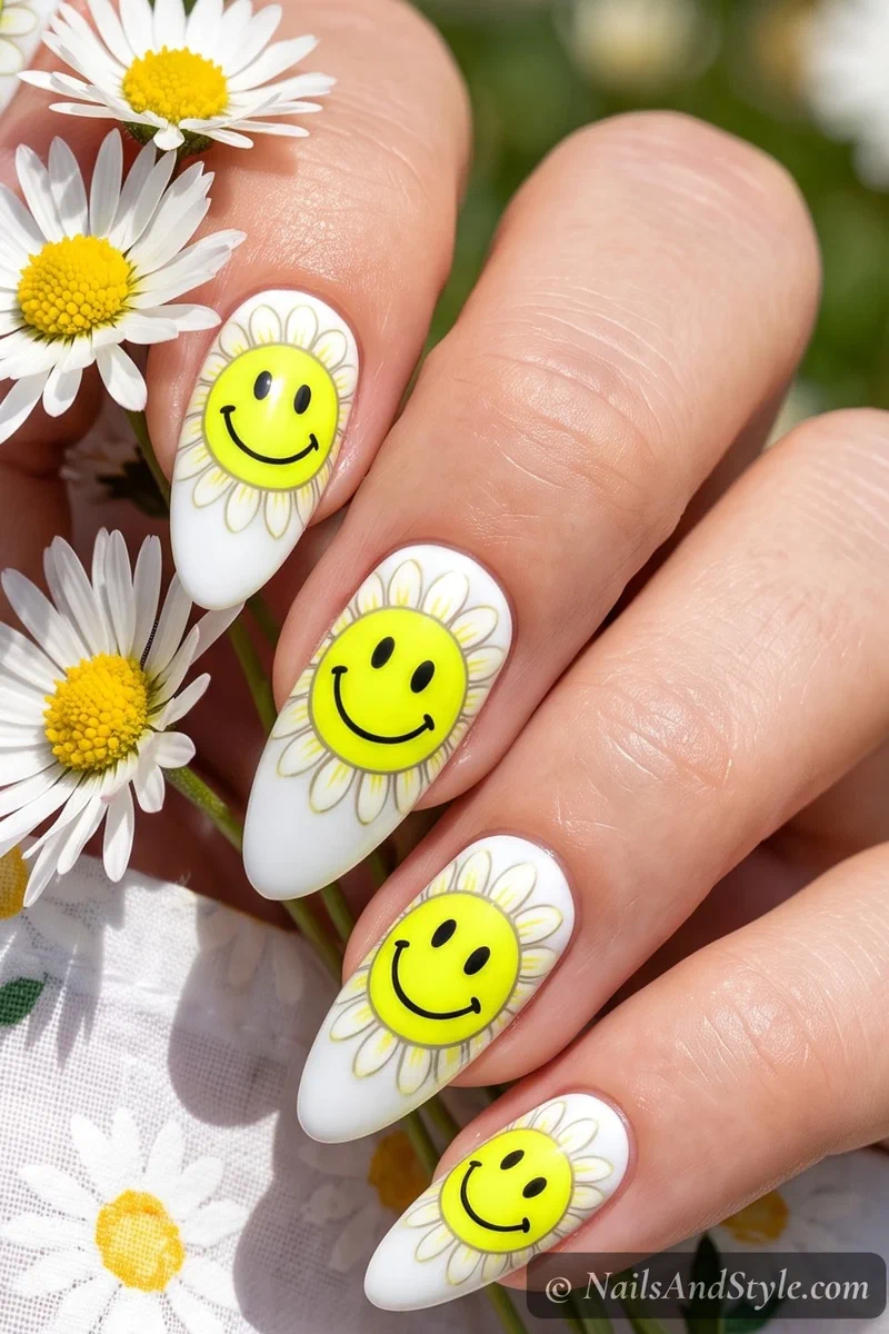Neon yellow smiley face daisy nails on white