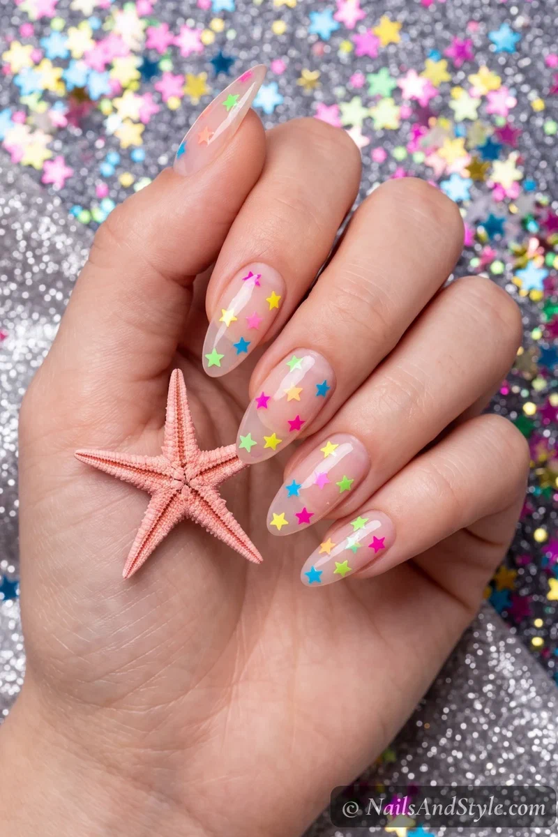 Clear nails with neon star confetti scattered