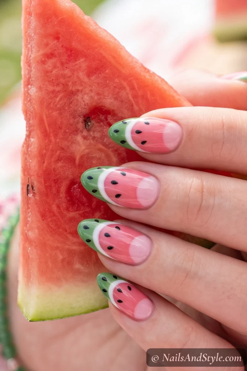 Watermelon slice nail art with pink green and white