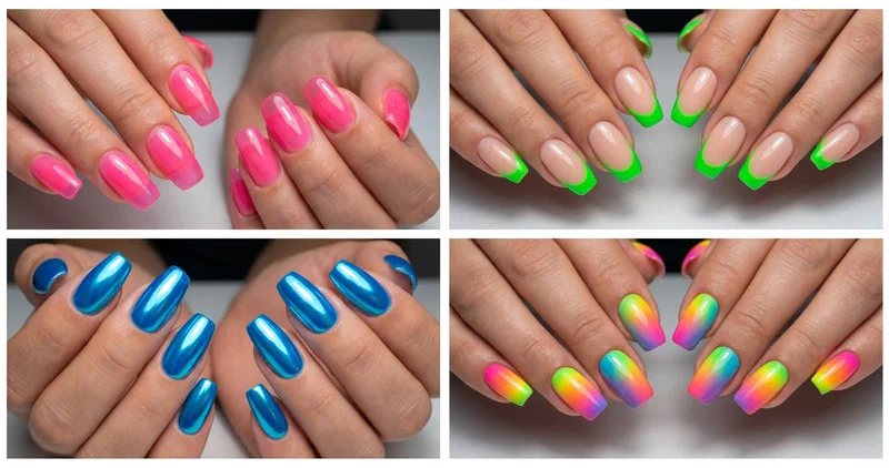 Collage of bright neon summer nail designs in pink, green, yellow, and blue