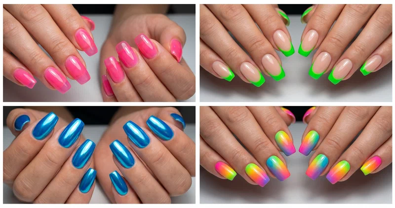 Collage of bright neon summer nail designs in pink, green, yellow, and blue