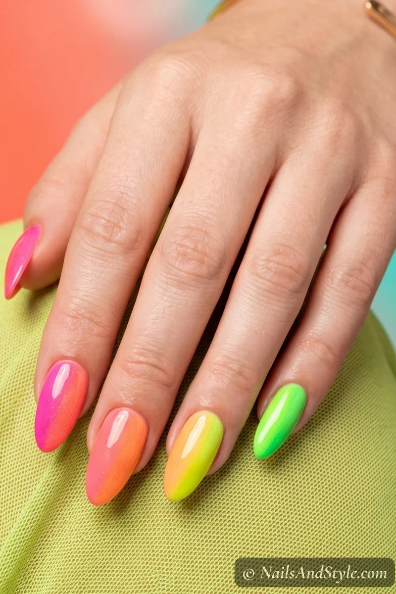 Multi-neon ombre nails fading across all five fingers in rainbow neon shades