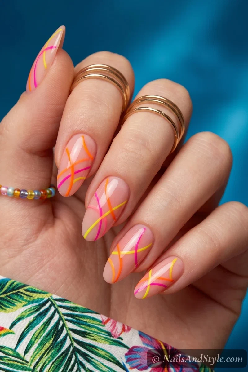 Thin neon abstract line nail art in multiple colors on a nude base