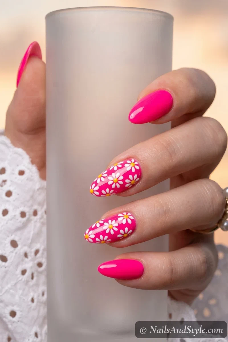 Neon pink nails with white daisy flower accent design