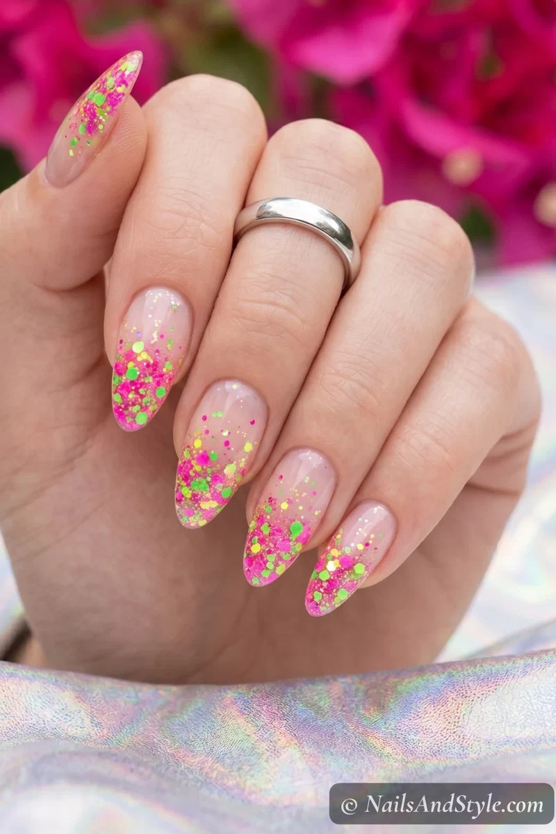 Neon glitter gradient tips on clear base nails