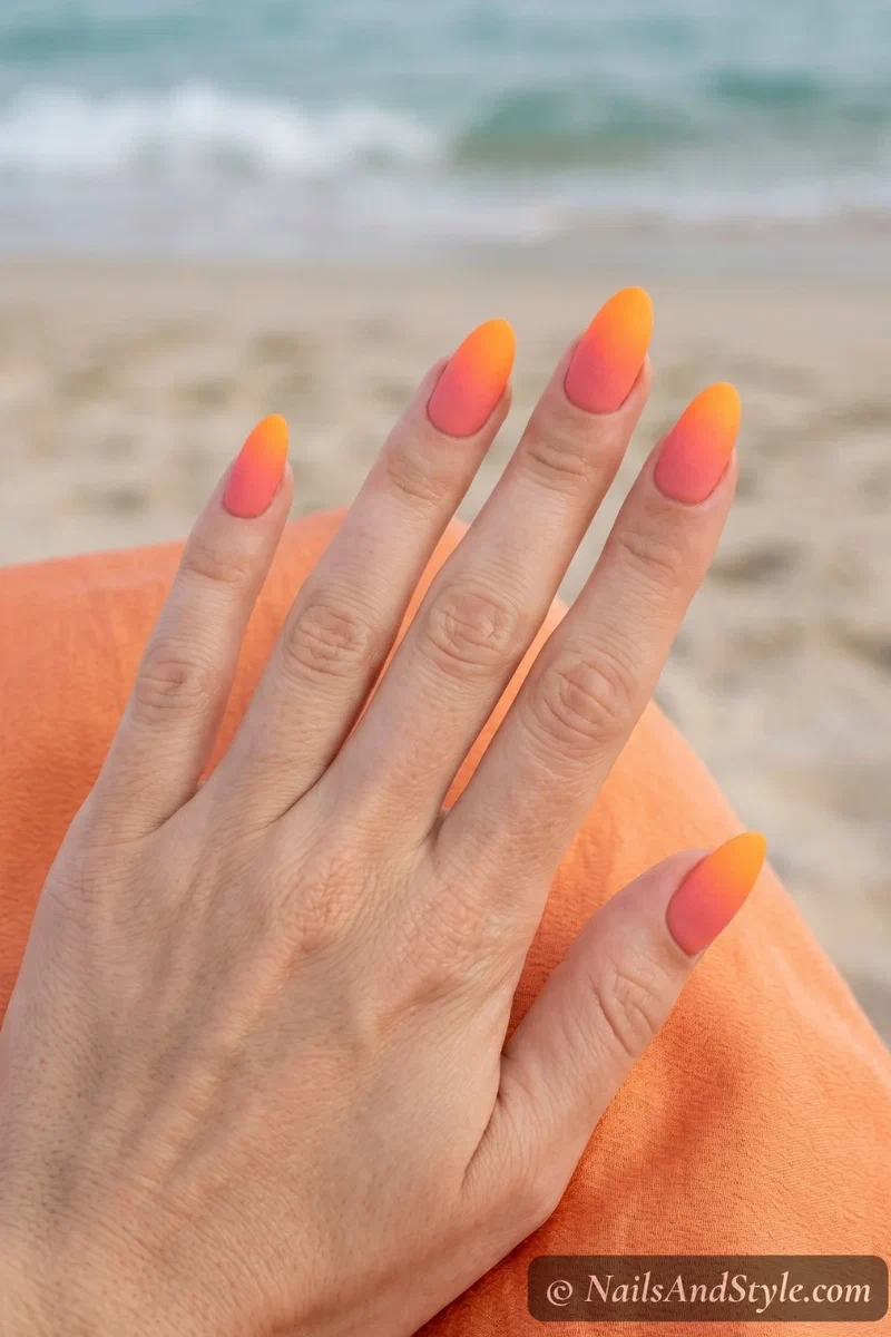 Neon orange gradient nails with coral pink base fading to bright orange