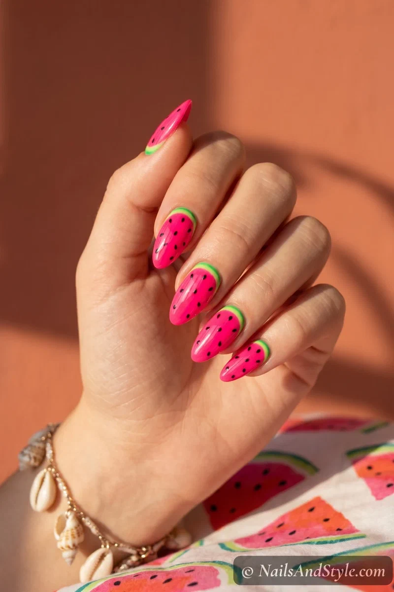Neon pink watermelon nail design with green rind and black seeds