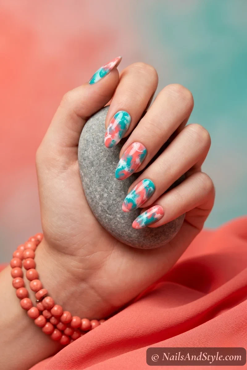 Colorful coral reef inspired nails blending teal coral and white