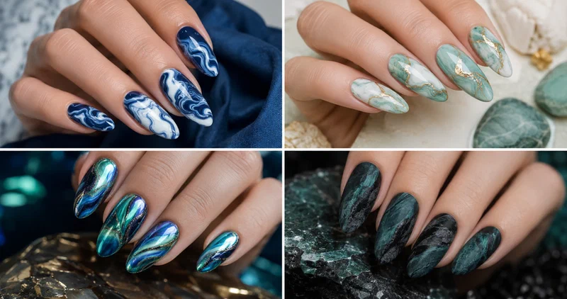 Collage of four ocean wave nail designs featuring marble swirls, watercolor washes, and coastal blue tones