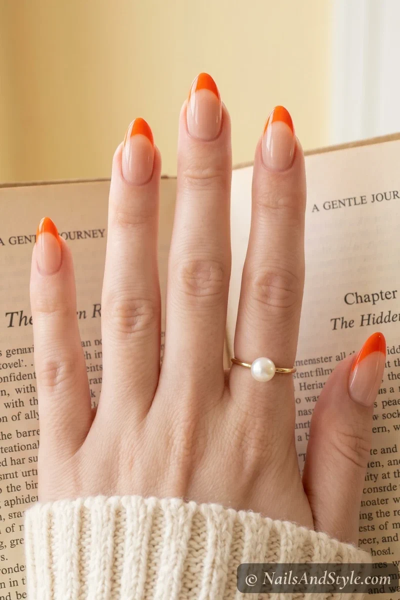 Bold orange French tip nails on short round nails with clean crisp tip lines