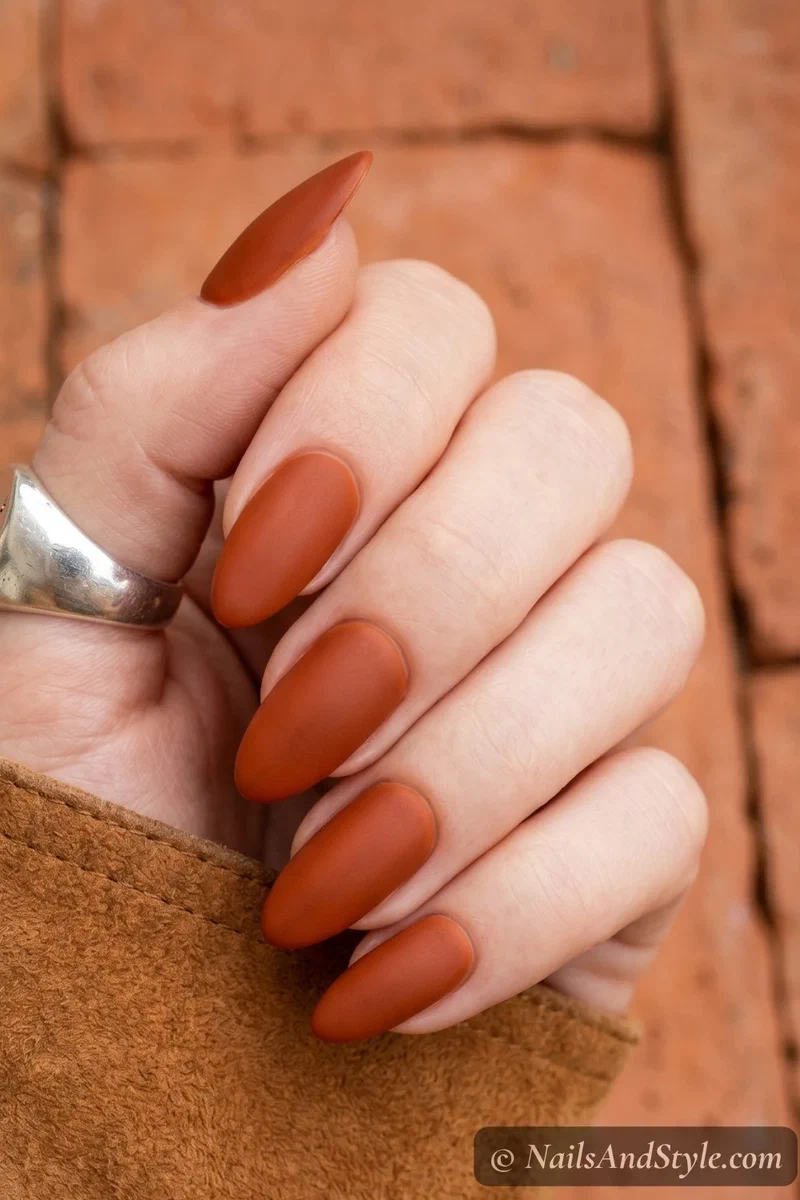 Burnt orange matte finish nails on short squoval nails