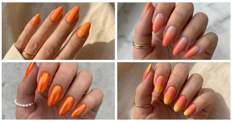 Collage of four bold orange summer nail designs featuring bright tangerine gloss, coral ombre, orange French tips, and sunset gradient art