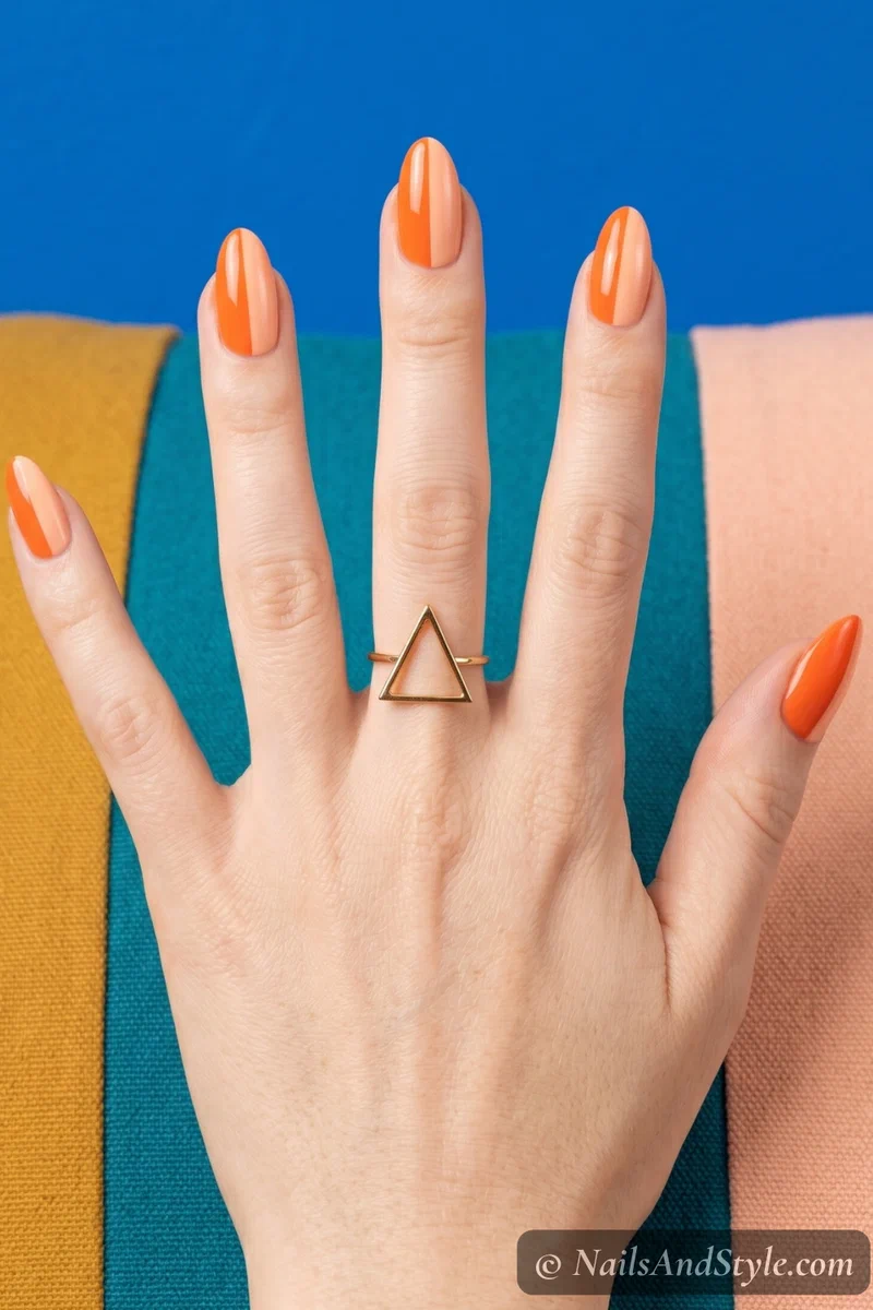 Orange and white color block nail art with diagonal split design on short nails