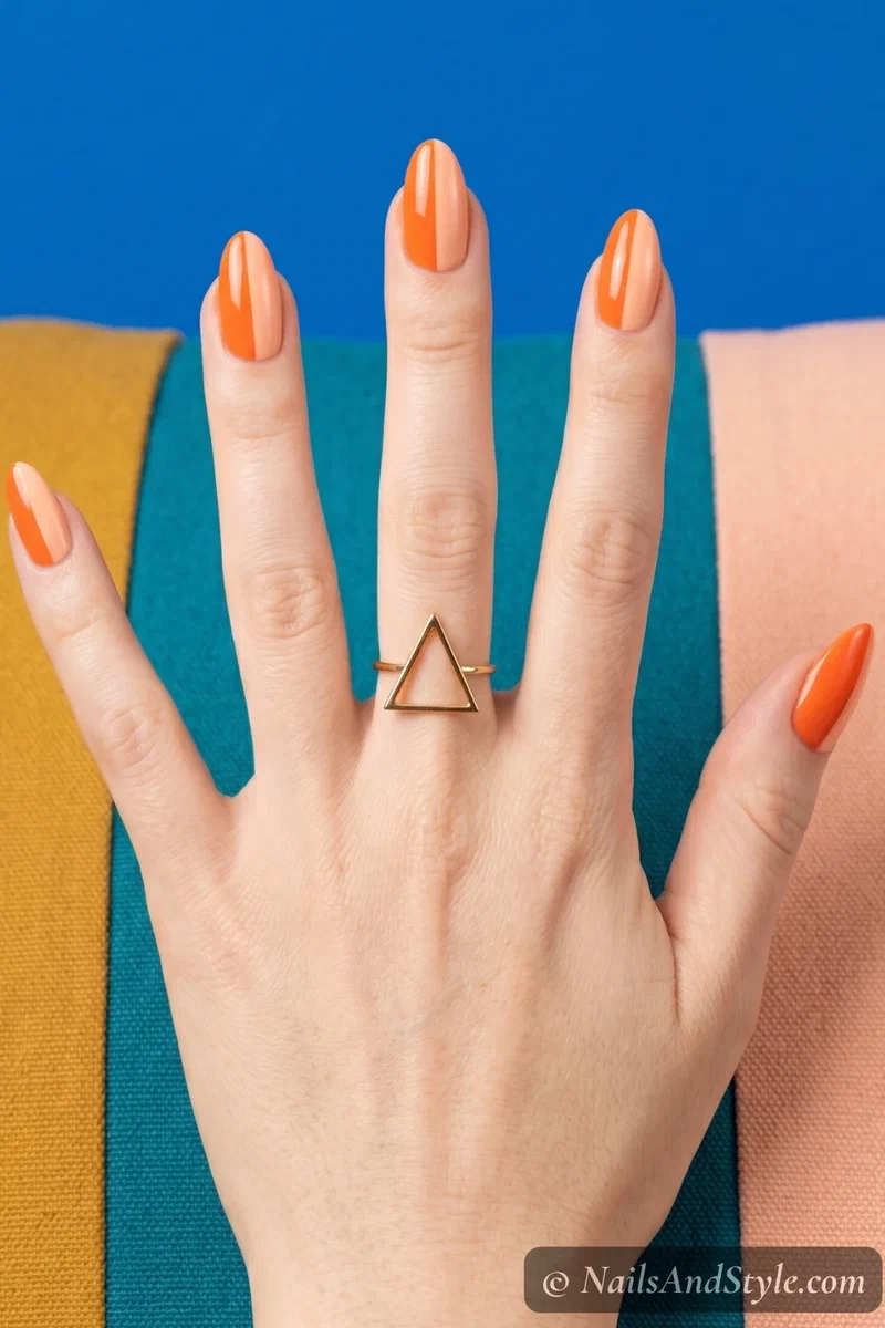 Orange and white color block nail art with diagonal split design on short nails