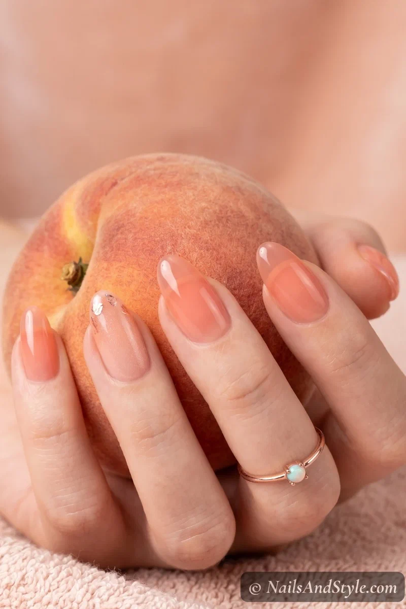Peach orange jelly nails with translucent squishy finish on short almond nails