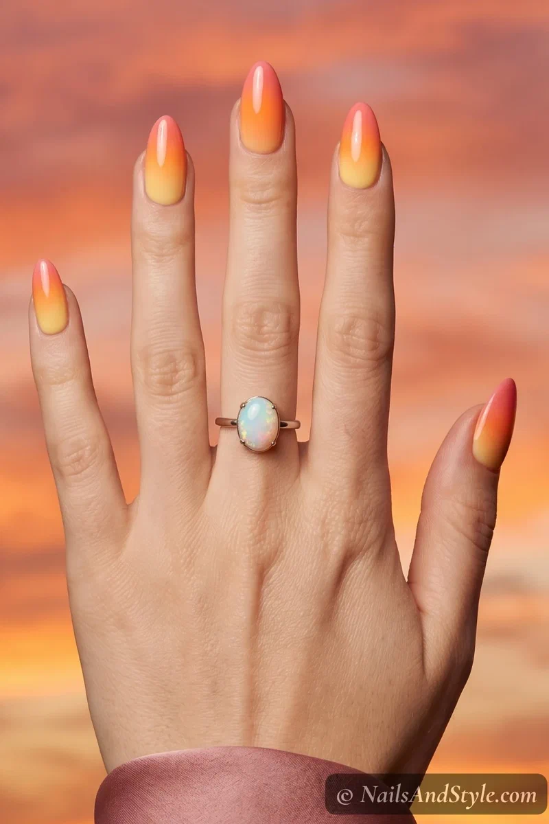 Sunset gradient nails blending yellow orange and pink on medium almond nails