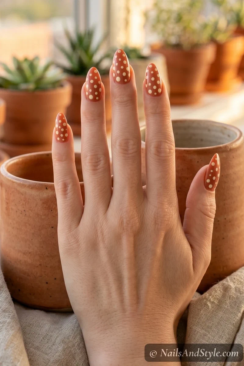 Terracotta orange nails with scattered cream polka dot nail art