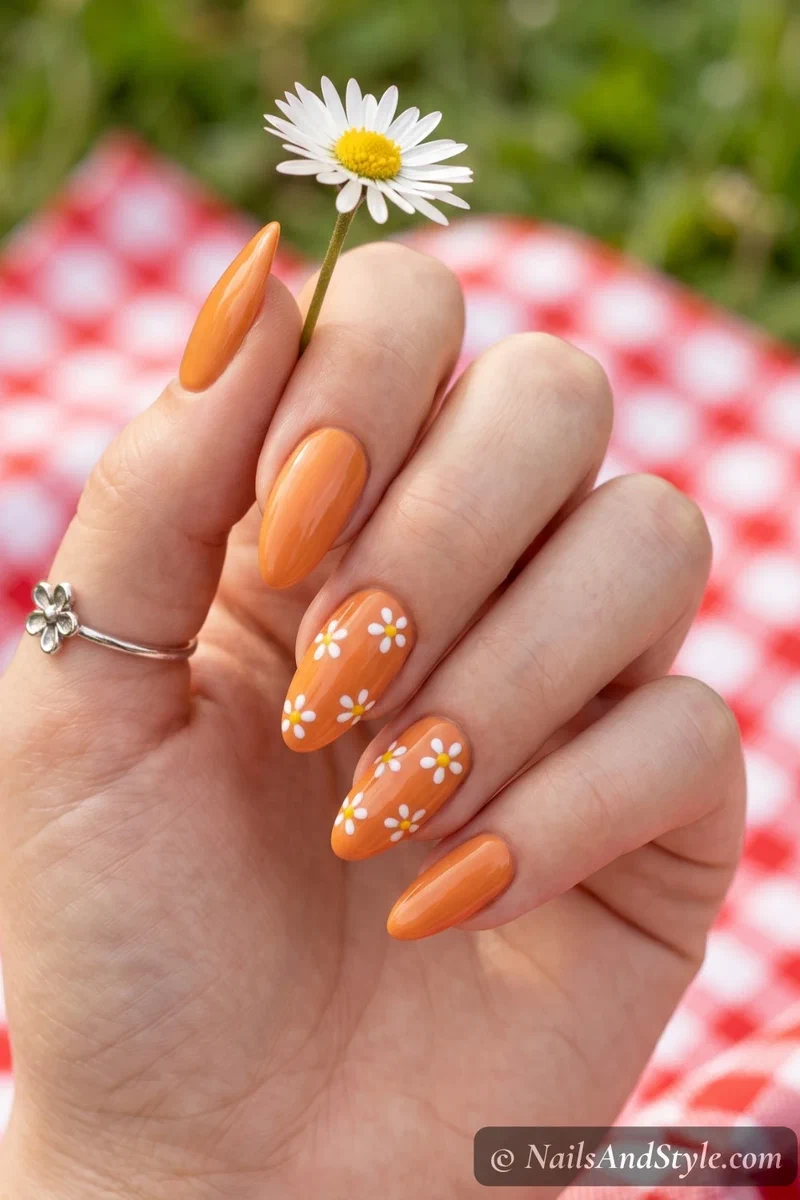 Warm orange nails with white daisy accent nail art and yellow flower centers