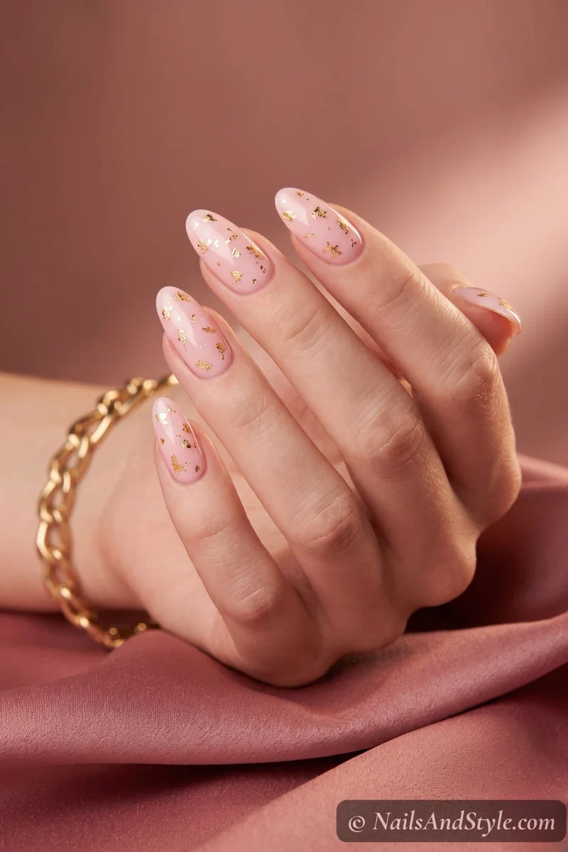 Baby pink nails with scattered gold leaf foil flakes