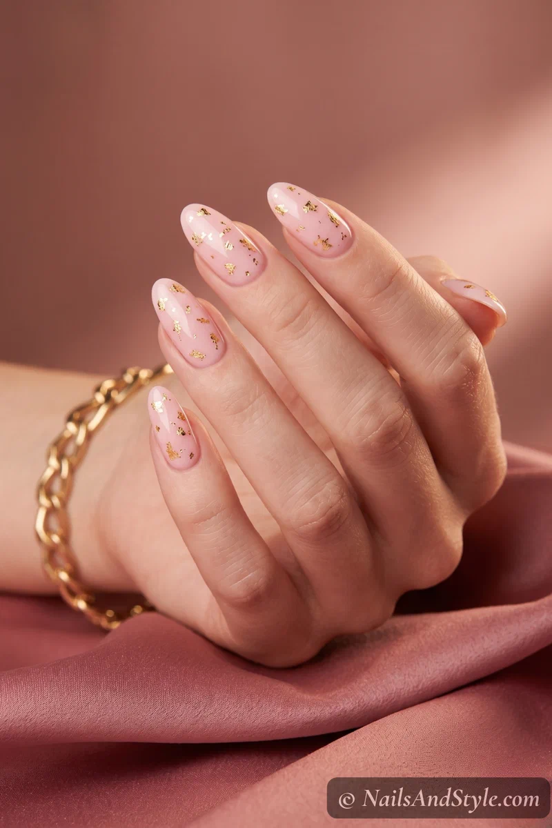 Baby pink nails with scattered gold leaf foil flakes