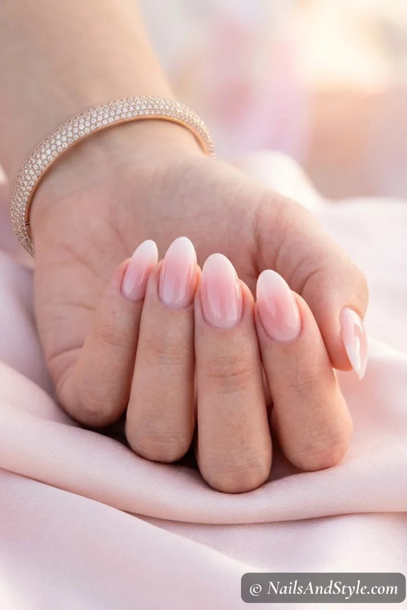 Soft blush pink ombre nails fading from white to warm pink