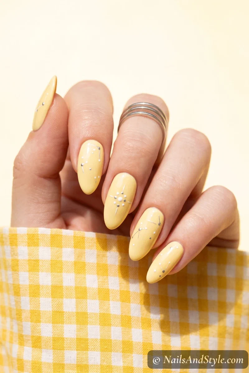 Soft butter yellow nails with creamy glossy finish
