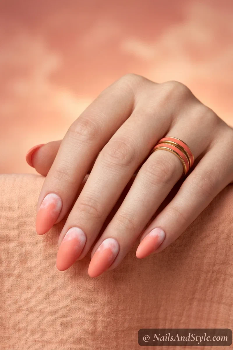 Soft coral nails with sponged white cloud effect and matte finish