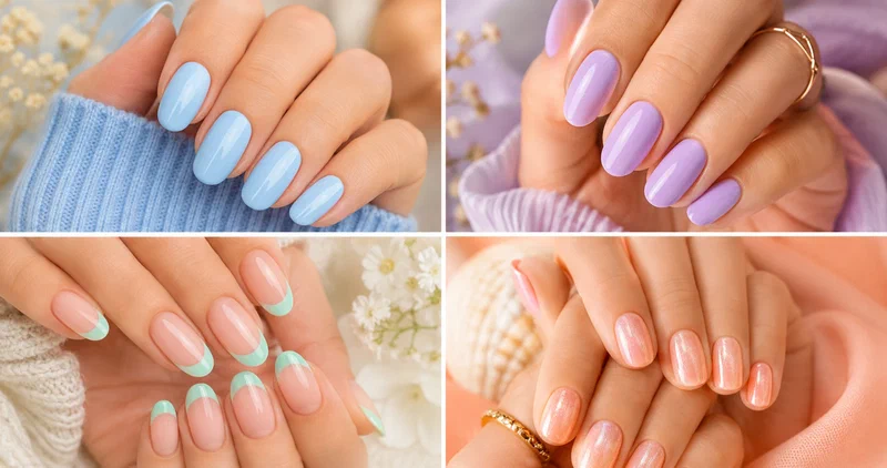 Collage of four pastel beach nail designs featuring baby blue ombre, blush pink, lavender accents, and mint green looks