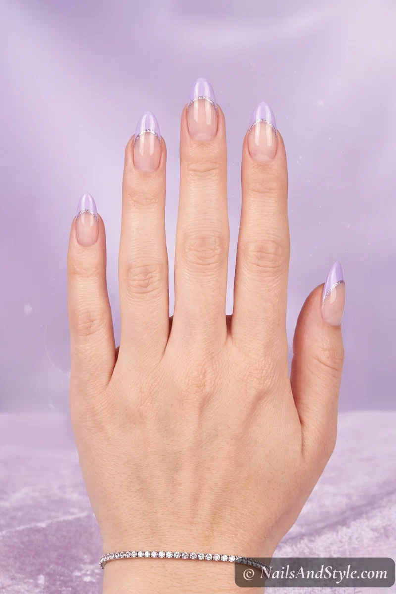 Sheer base nails with lavender French tips and holographic glitter accent line